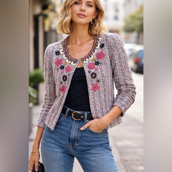 Anthropologie Jackets & Blazers - Anthropologie Embellished Tweed Blazer Floral
Beaded Jacket Boho chic
